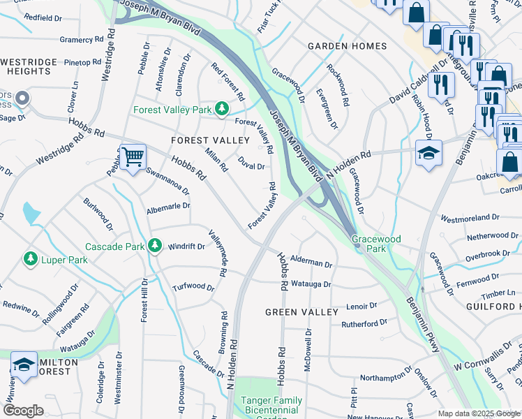 map of restaurants, bars, coffee shops, grocery stores, and more near 1601 Forest Valley Road in Greensboro