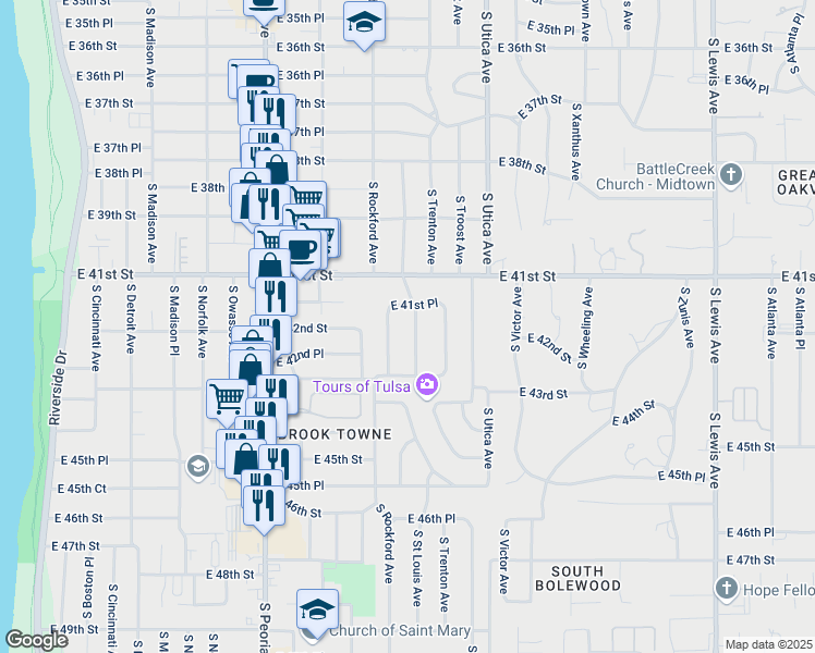 map of restaurants, bars, coffee shops, grocery stores, and more near 4166 South Saint Louis Avenue in Tulsa