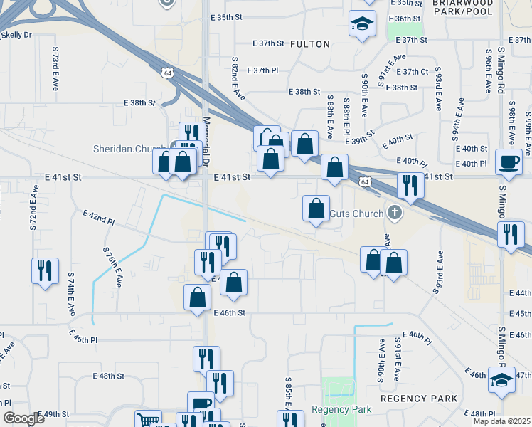 map of restaurants, bars, coffee shops, grocery stores, and more near in Tulsa