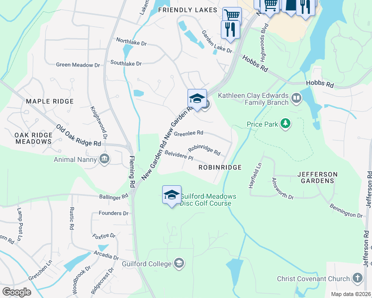map of restaurants, bars, coffee shops, grocery stores, and more near 5601 Robinridge Road in Greensboro