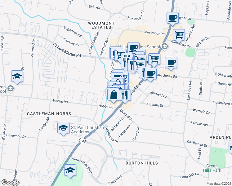 map of restaurants, bars, coffee shops, grocery stores, and more near 4117 Hillsboro Pike in Nashville