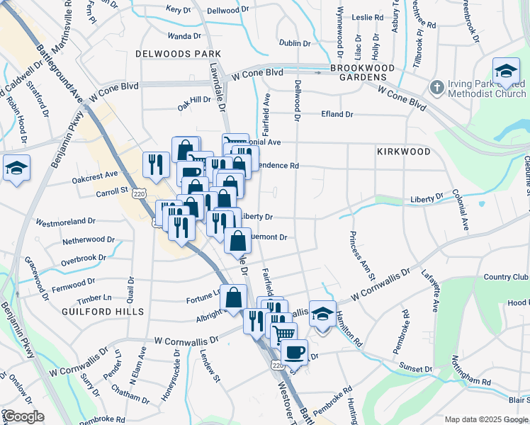 map of restaurants, bars, coffee shops, grocery stores, and more near 2016 Liberty Drive in Greensboro