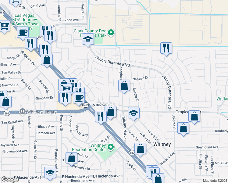 map of restaurants, bars, coffee shops, grocery stores, and more near 5710 East Tropicana Avenue in Las Vegas