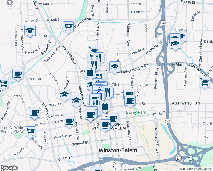 map of restaurants, bars, coffee shops, grocery stores, and more near 620 North Liberty Street in Winston-Salem