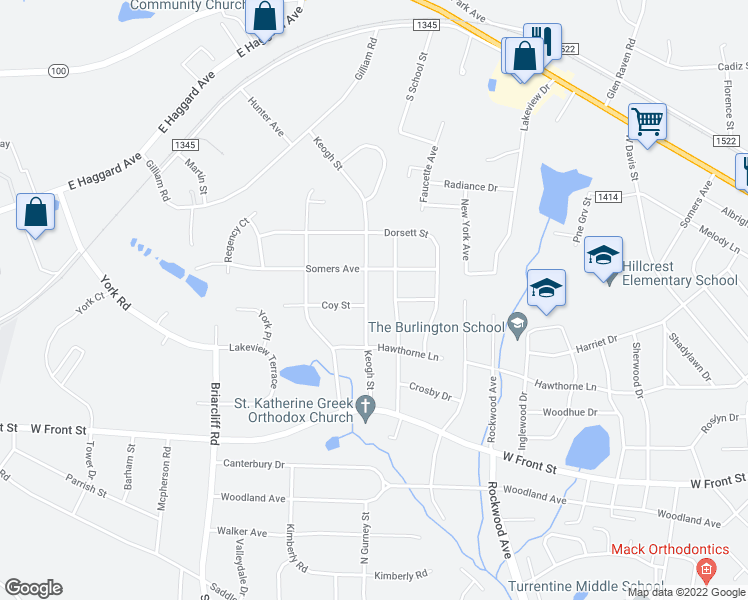 map of restaurants, bars, coffee shops, grocery stores, and more near 1503 Keogh Street in Burlington