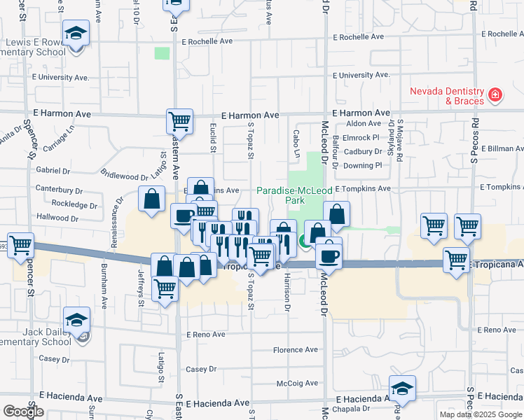 map of restaurants, bars, coffee shops, grocery stores, and more near 35 South Topaz Street in Las Vegas
