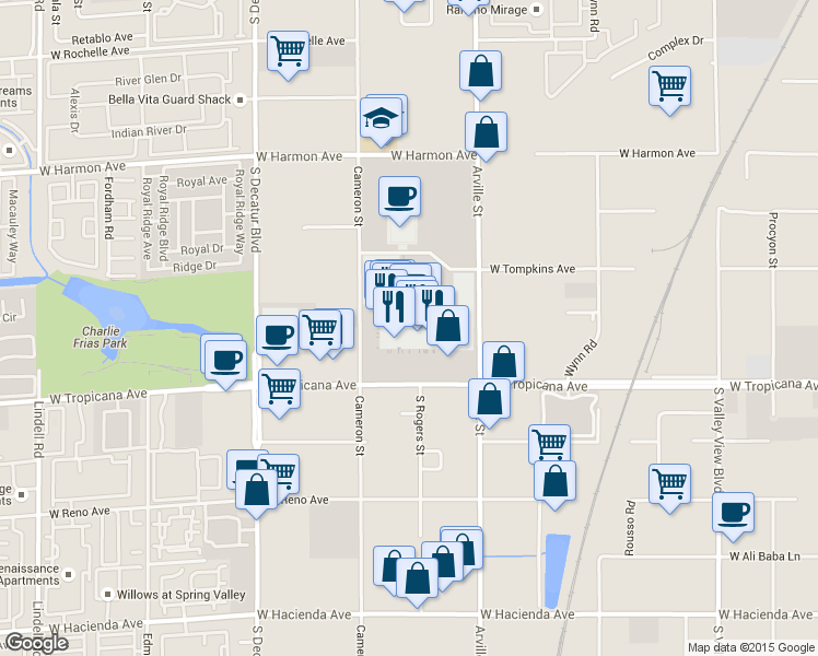 map of restaurants, bars, coffee shops, grocery stores, and more near 4500 West Tropicana Avenue in Las Vegas