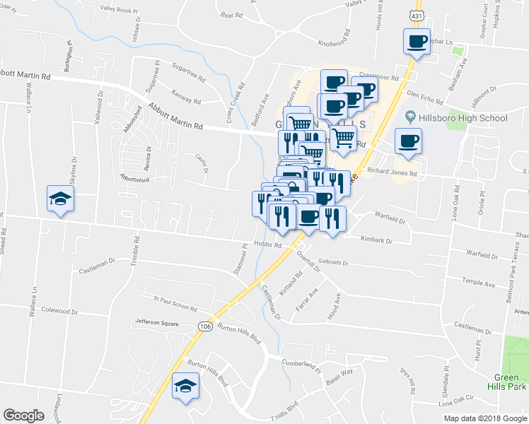 map of restaurants, bars, coffee shops, grocery stores, and more near 4107 Hillsboro Circle in Nashville