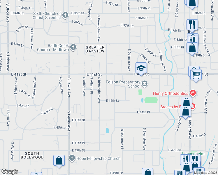 map of restaurants, bars, coffee shops, grocery stores, and more near 4165 South Birmingham Place in Tulsa