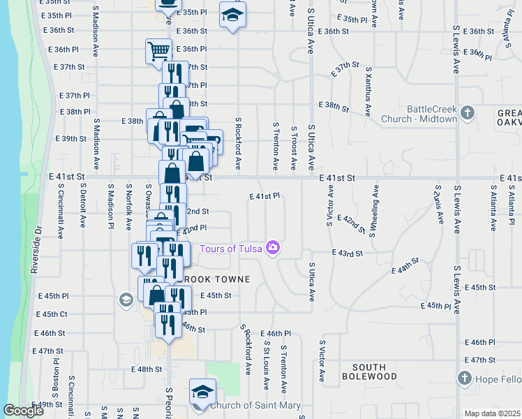 map of restaurants, bars, coffee shops, grocery stores, and more near 4166 South Saint Louis Avenue in Tulsa