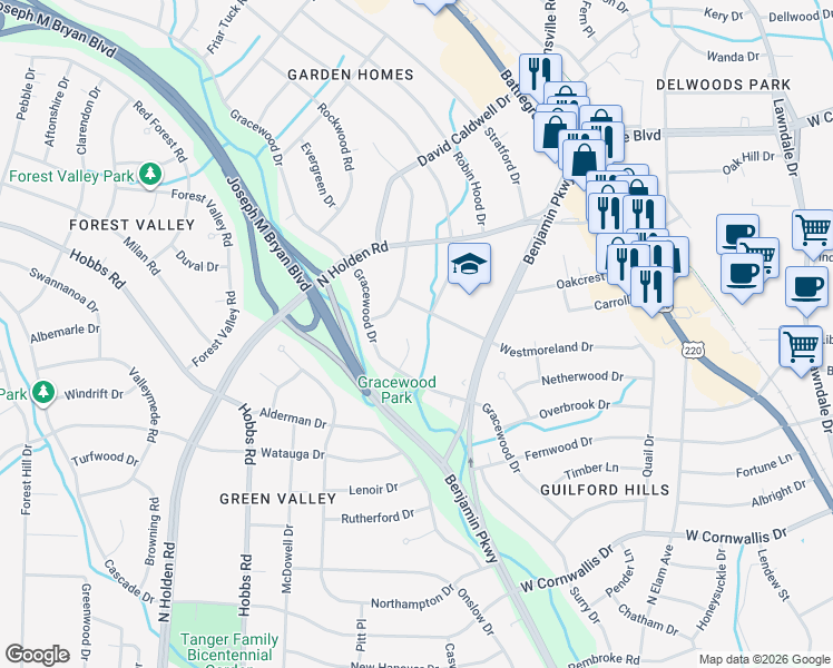 map of restaurants, bars, coffee shops, grocery stores, and more near 2401 Gracewood Court in Greensboro