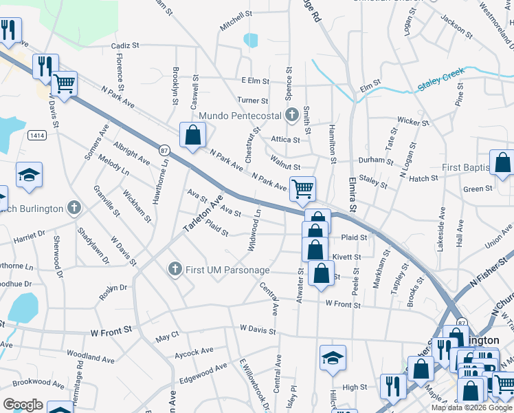 map of restaurants, bars, coffee shops, grocery stores, and more near 218 Wildwood Lane in Burlington