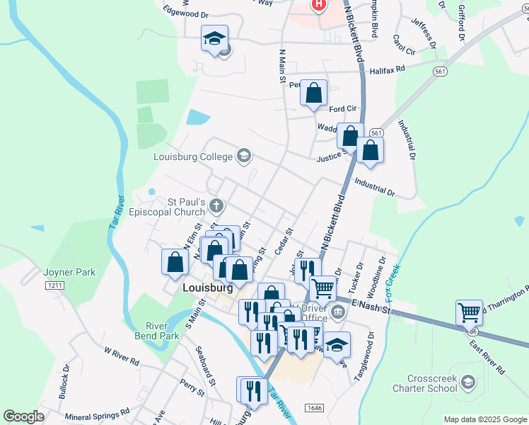 map of restaurants, bars, coffee shops, grocery stores, and more near 406 North Main Street in Louisburg