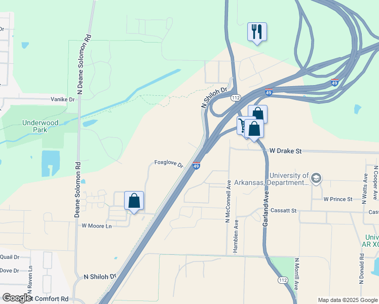 map of restaurants, bars, coffee shops, grocery stores, and more near 2783 North Shiloh Drive in Fayetteville