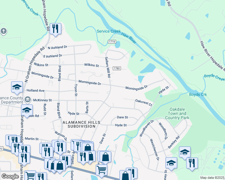 map of restaurants, bars, coffee shops, grocery stores, and more near 519 Sellars Mill Road in Burlington
