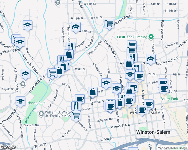 map of restaurants, bars, coffee shops, grocery stores, and more near 156 West End Boulevard in Winston-Salem