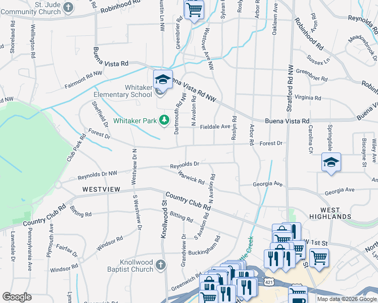 map of restaurants, bars, coffee shops, grocery stores, and more near 2533 Reynolds Drive in Winston-Salem