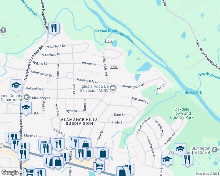 map of restaurants, bars, coffee shops, grocery stores, and more near 519 Sellars Mill Road in Burlington