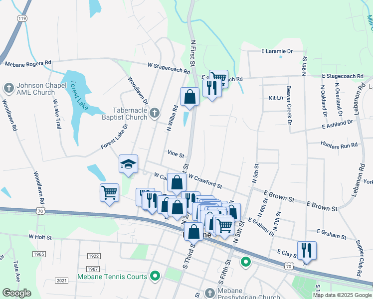 map of restaurants, bars, coffee shops, grocery stores, and more near 411 North First Street in Mebane
