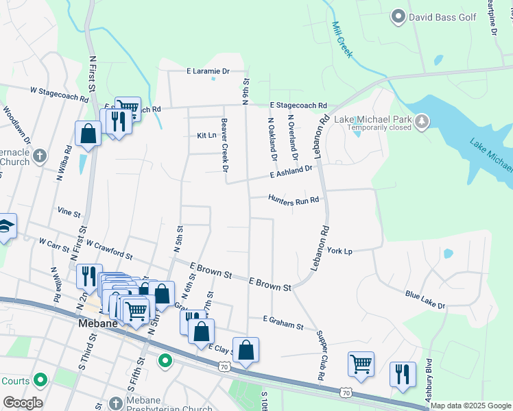 map of restaurants, bars, coffee shops, grocery stores, and more near 603 Hunters Run Road in Mebane