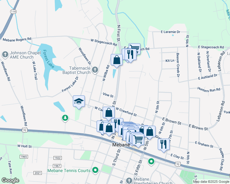 map of restaurants, bars, coffee shops, grocery stores, and more near 411 North First Street in Mebane