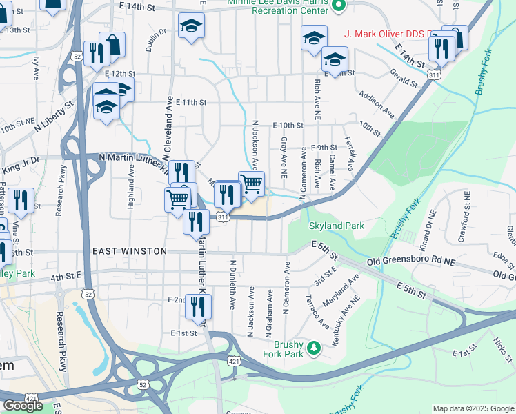 map of restaurants, bars, coffee shops, grocery stores, and more near 1499 New Walkertown Road in Winston-Salem
