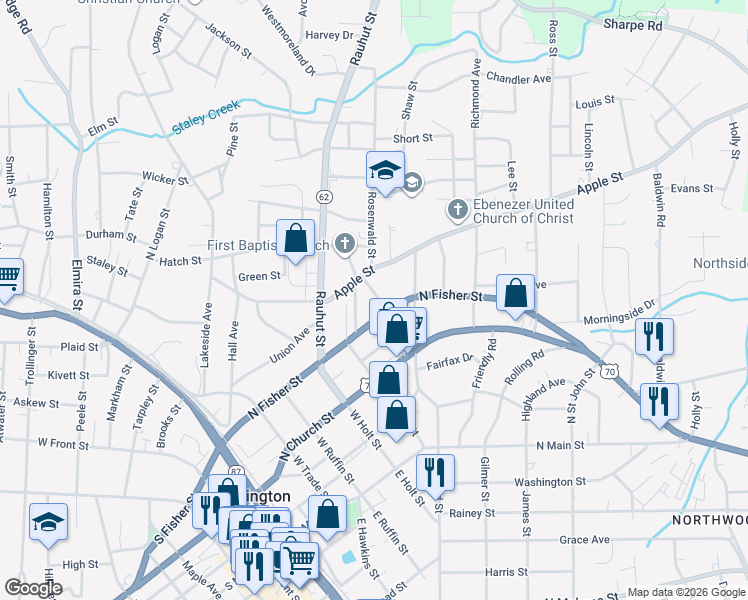 map of restaurants, bars, coffee shops, grocery stores, and more near 505 Apple Street in Burlington