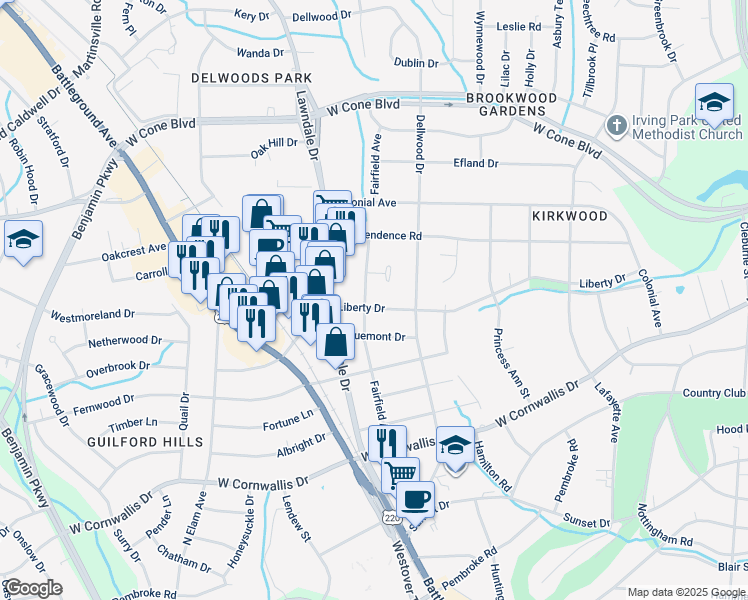 map of restaurants, bars, coffee shops, grocery stores, and more near 2016 Liberty Drive in Greensboro
