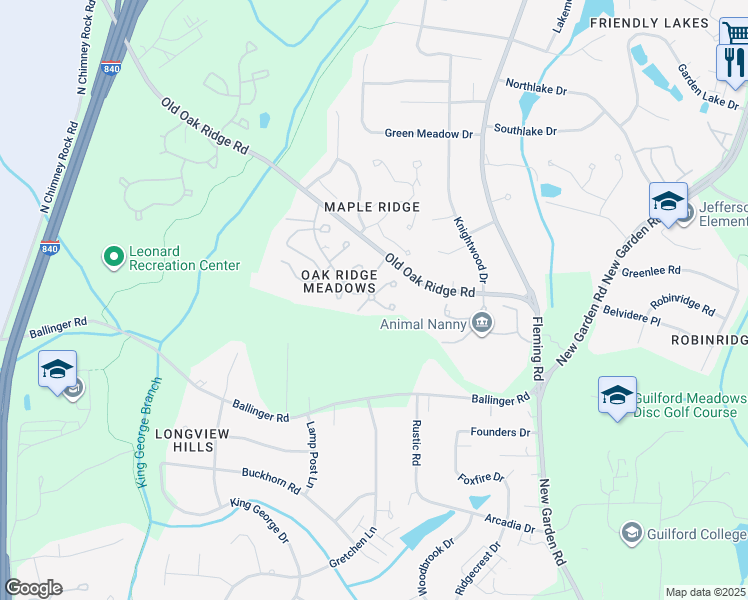 map of restaurants, bars, coffee shops, grocery stores, and more near 5000 Marigold Way in Greensboro