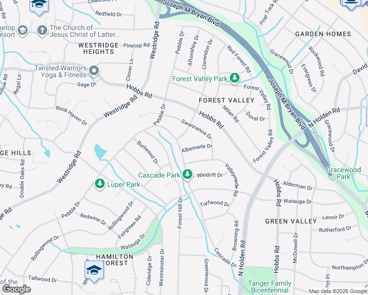 map of restaurants, bars, coffee shops, grocery stores, and more near 4100 Cascade Drive in Greensboro