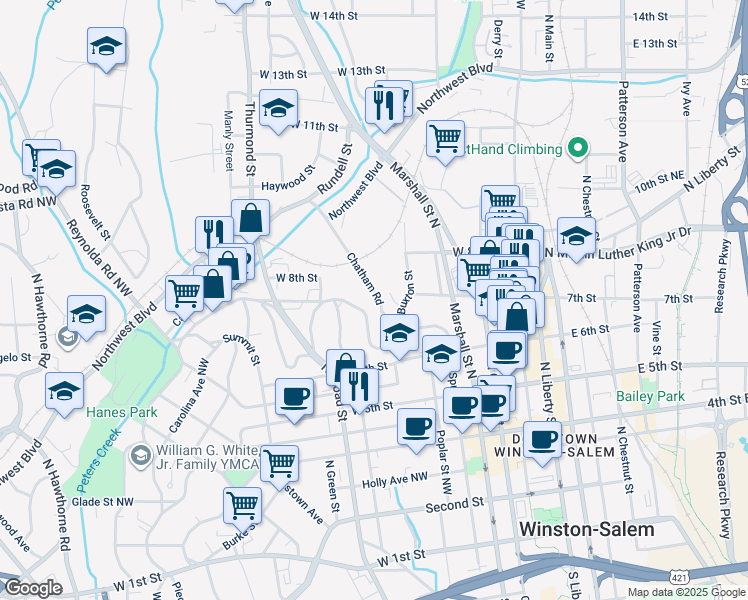 map of restaurants, bars, coffee shops, grocery stores, and more near 740 Chatham Road in Winston-Salem