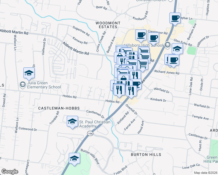 map of restaurants, bars, coffee shops, grocery stores, and more near 4041 Hillsboro Circle in Nashville