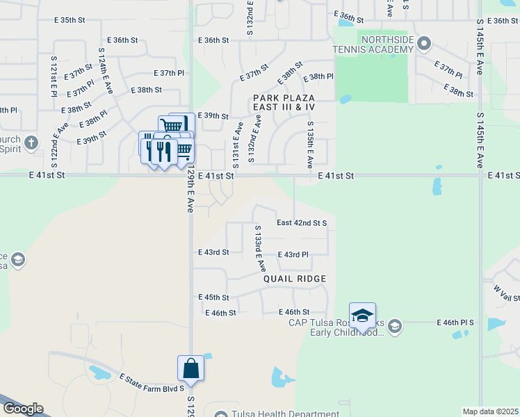 map of restaurants, bars, coffee shops, grocery stores, and more near 13301 East 41st Place in Tulsa