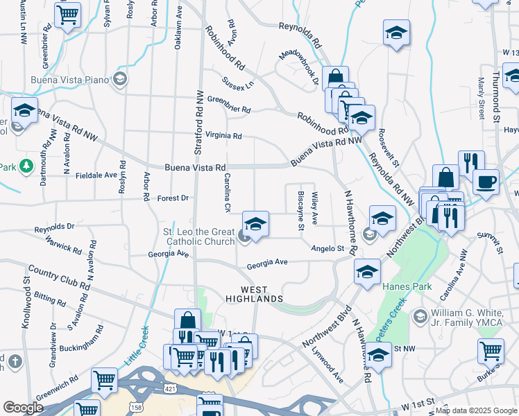 map of restaurants, bars, coffee shops, grocery stores, and more near 403 Springdale Avenue in Winston-Salem