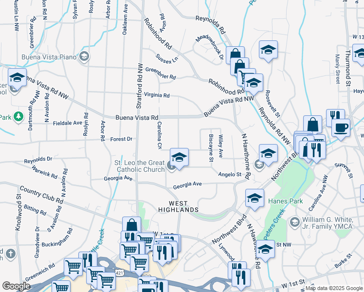 map of restaurants, bars, coffee shops, grocery stores, and more near 403 Springdale Avenue in Winston-Salem