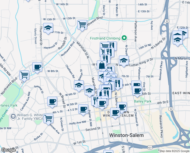 map of restaurants, bars, coffee shops, grocery stores, and more near 726 North Cherry Street in Winston-Salem
