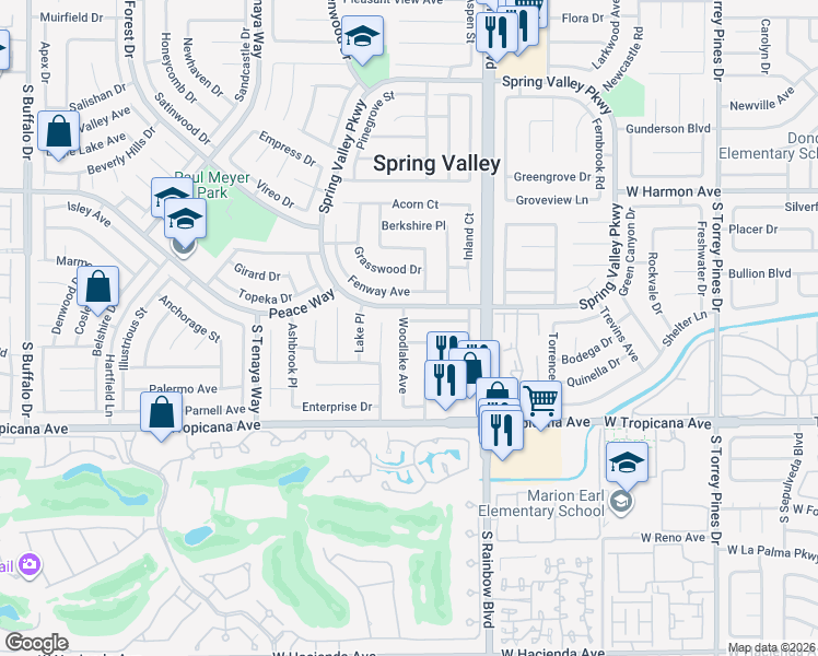 map of restaurants, bars, coffee shops, grocery stores, and more near 4709 Woodlake Avenue in Las Vegas