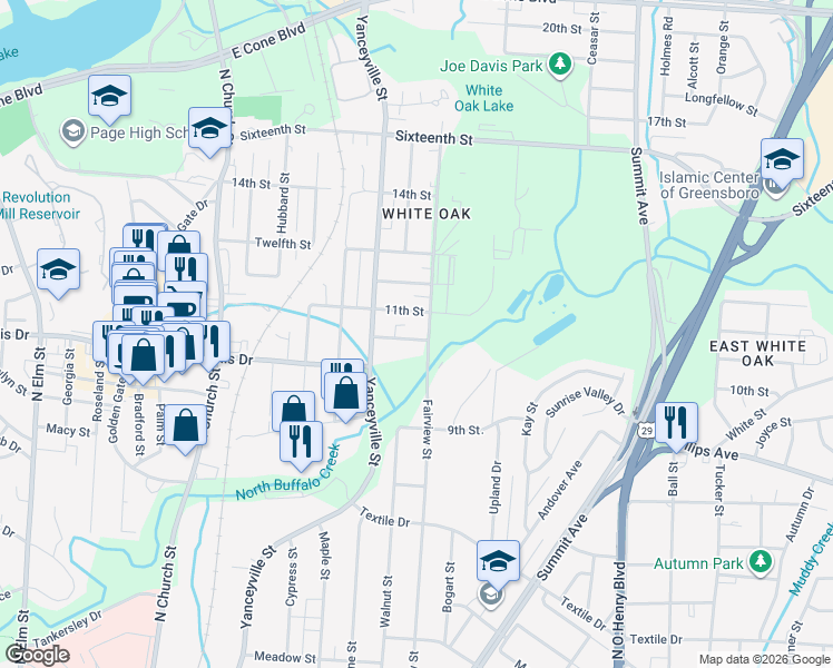 map of restaurants, bars, coffee shops, grocery stores, and more near 1215 11th Street in Greensboro