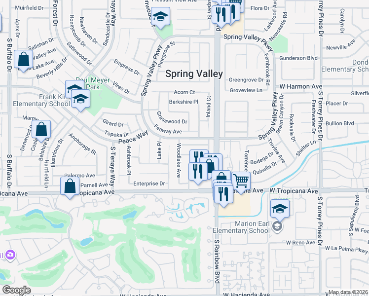 map of restaurants, bars, coffee shops, grocery stores, and more near 4709 Woodlake Avenue in Las Vegas