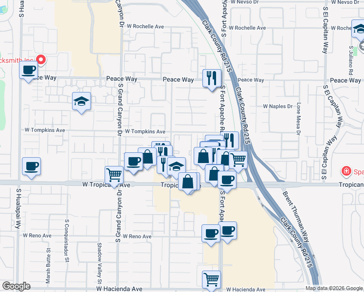map of restaurants, bars, coffee shops, grocery stores, and more near 9552 West Tropicana Avenue in Las Vegas