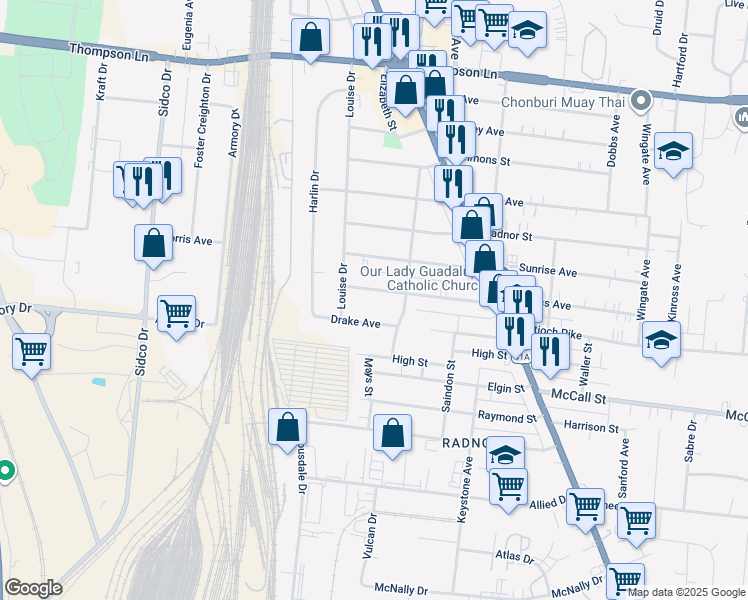 map of restaurants, bars, coffee shops, grocery stores, and more near 518 Patterson Street in Nashville