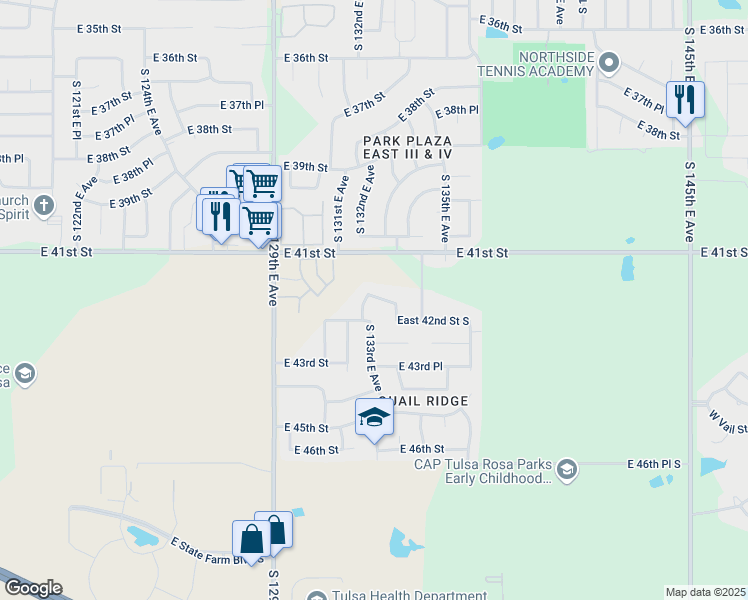 map of restaurants, bars, coffee shops, grocery stores, and more near 13301 East 41st Place in Tulsa