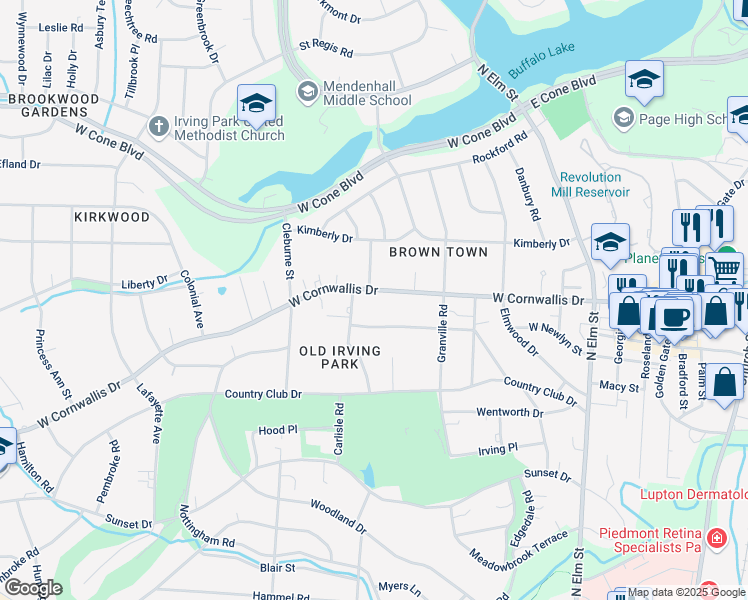 map of restaurants, bars, coffee shops, grocery stores, and more near 517 West Cornwallis Drive in Greensboro