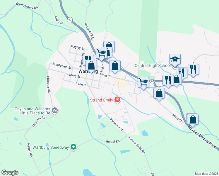 map of restaurants, bars, coffee shops, grocery stores, and more near 805 Spring Street in Wartburg