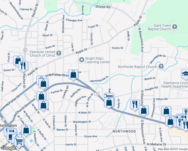 map of restaurants, bars, coffee shops, grocery stores, and more near 340 North Saint John Street in Burlington