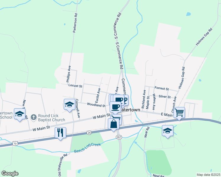 map of restaurants, bars, coffee shops, grocery stores, and more near 321 North Central Avenue in Watertown
