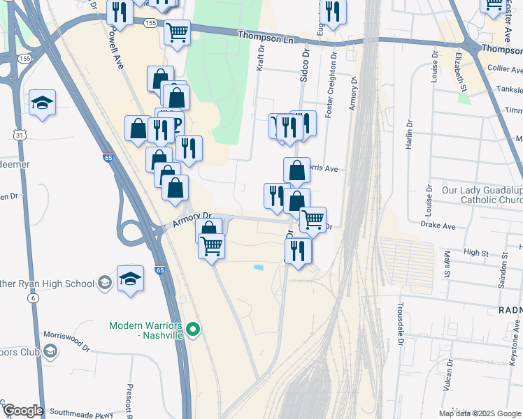 map of restaurants, bars, coffee shops, grocery stores, and more near 3011 Armory Drive in Nashville