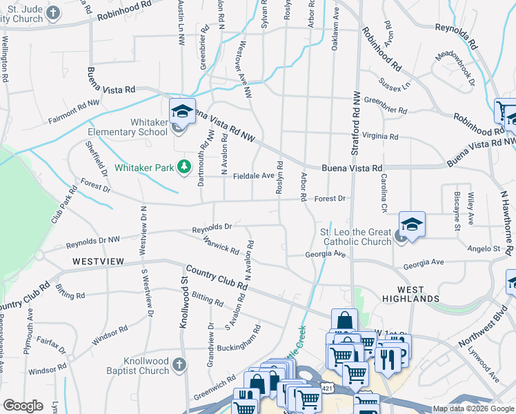 map of restaurants, bars, coffee shops, grocery stores, and more near 410 Westover Avenue Northwest in Winston-Salem