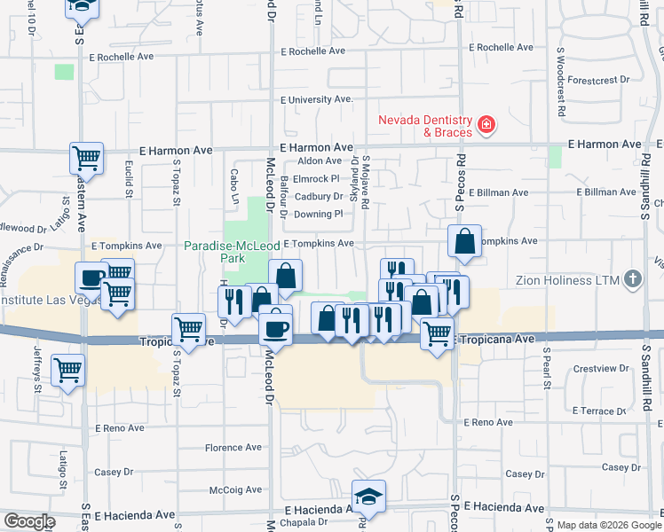 map of restaurants, bars, coffee shops, grocery stores, and more near 4715 Desert Vista Road in Las Vegas