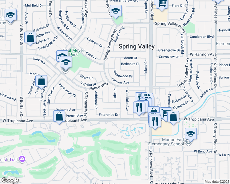 map of restaurants, bars, coffee shops, grocery stores, and more near Lake Place in Spring Valley